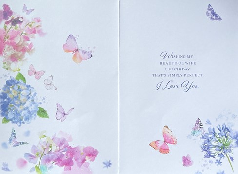 Wife Birthday Card - Pink & Lilac Flowers Butterflies with Gold Foil 7.75x5.25" Wife Birthday Card - Pink & Lilac Flowers Butterflies with Gold Foil 7.75x5.25"