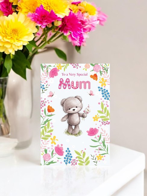 Mum Birthday Card - Bear with Bright Flower Border and Glitter 7.5x5.25" Mum Birthday Card - Bear with Bright Flower Border and Glitter 7.5x5.25"