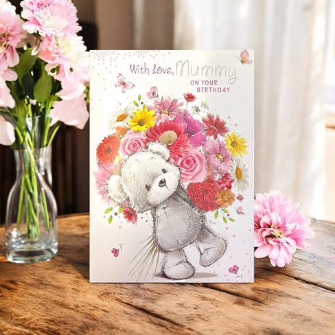 Mummy Birthday Card - Bear Bunch of Flowers Butterflies & Silver Foil 7.75x5.25" Mummy Birthday Card - Bear Bunch of Flowers Butterflies & Silver Foil 7.75x5.25"