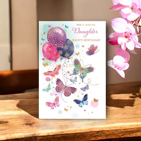 Daughter Birthday Card - Pink Purple Blue Butterflies Balloons & Foil 7.75x5.25" Daughter Birthday Card - Pink Purple Blue Butterflies Balloons & Foil 7.75x5.25"