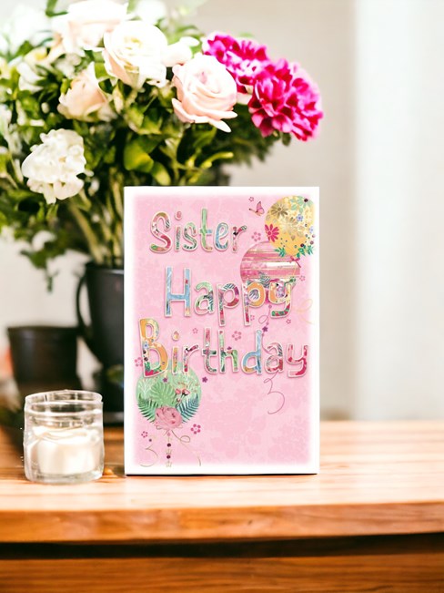Sister Birthday Card - Floral Balloons with Butterfly and Gold Foil 7.75x5.25" Sister Birthday Card - Floral Balloons with Butterfly and Gold Foil 7.75x5.25"