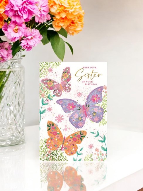 Sister Birthday Card - Pink Lilac Orange Floral Butterflies with Foil 7.75x5.25" Sister Birthday Card - Pink Lilac Orange Floral Butterflies with Foil 7.75x5.25"