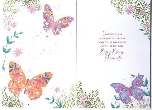 Sister Birthday Card - Pink Lilac Orange Floral Butterflies with Foil 7.75x5.25" Sister Birthday Card - Pink Lilac Orange Floral Butterflies with Foil 7.75x5.25"