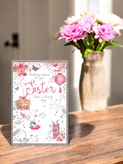 Sister Birthday Card - Pink Roses Lantern Butterflies & Foil Border 7.75x5.25" Sister Birthday Card - Pink Roses Lantern Butterflies & Foil Border 7.75x5.25"