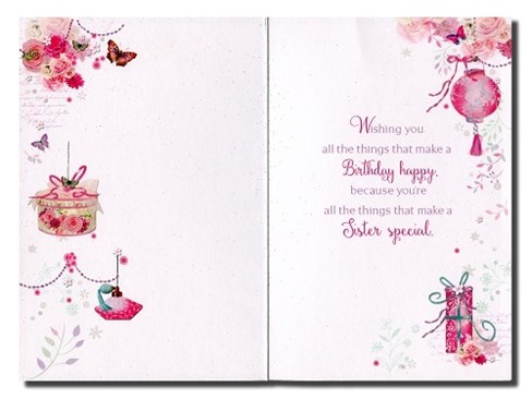 Sister Birthday Card - Pink Roses Lantern Butterflies & Foil Border 7.75x5.25" Sister Birthday Card - Pink Roses Lantern Butterflies & Foil Border 7.75x5.25"