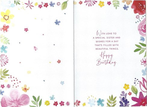 Sister Birthday Card - Bright Flowers Floral Border with Gold Foil 7.5x5.25" Sister Birthday Card - Bright Flowers Floral Border with Gold Foil 7.5x5.25"