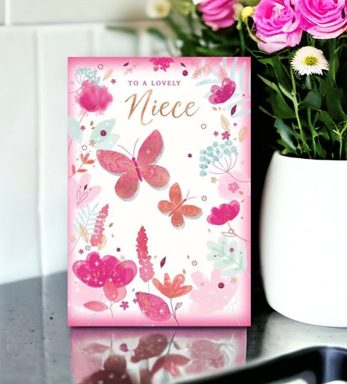Niece Birthday Card - Pink Flowers and Butterflies with Gold Foil 7.75x5.25" Niece Birthday Card - Pink Flowers and Butterflies with Gold Foil 7.75x5.25"