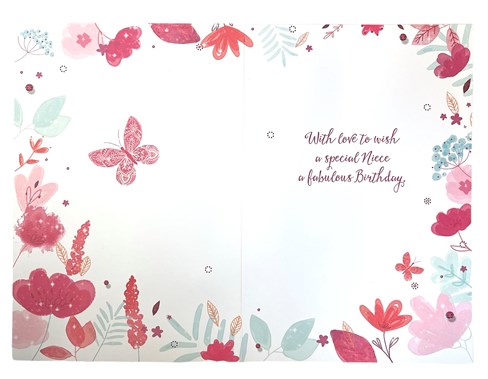 Niece Birthday Card - Pink Flowers and Butterflies with Gold Foil 7.75x5.25" Niece Birthday Card - Pink Flowers and Butterflies with Gold Foil 7.75x5.25"