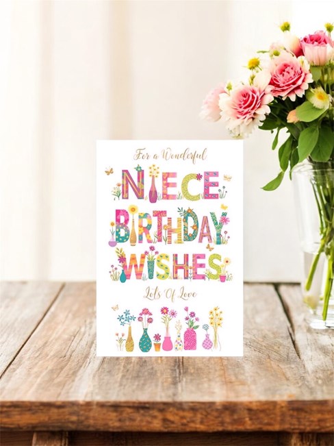 Niece Birthday Card - Pink Yellow Text Flowers Butterflies Gold Foil 7.75x5.25" Niece Birthday Card - Pink Yellow Text Flowers Butterflies Gold Foil 7.75x5.25"