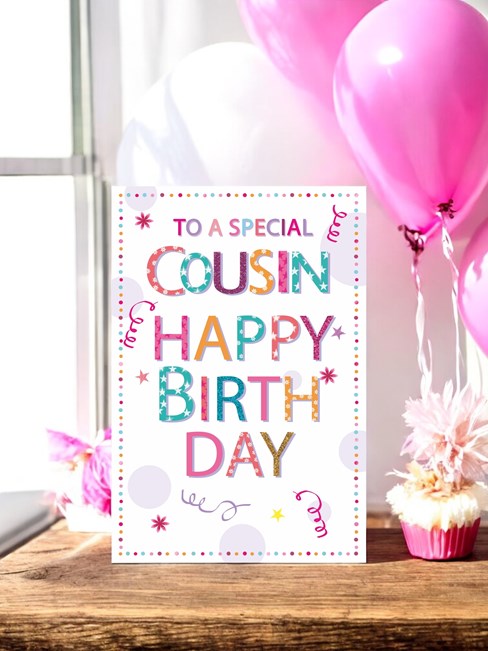 Cousin Birthday Card - Multicoloured Writing Spot Border & Glitter 7.75"x5.25" Cousin Birthday Card - Multicoloured Writing Spot Border & Glitter 7.75"x5.25"