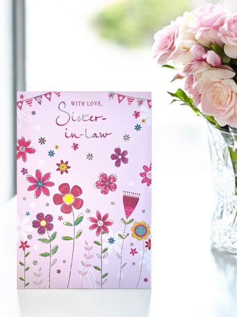 Sister-in-Law Birthday Card - Pink with Tall Flowers and Bunting 7.75x5.25" Sister-in-Law Birthday Card - Pink with Tall Flowers and Bunting 7.75x5.25"