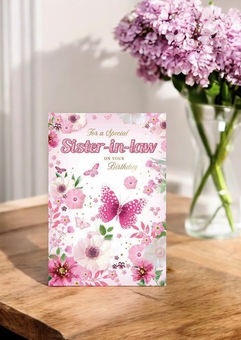Sister-in-Law Birthday Card - Pink Butterflies Flowers with Gold Foil 7.75x5.25" Sister-in-Law Birthday Card - Pink Butterflies Flowers with Gold Foil 7.75x5.25"