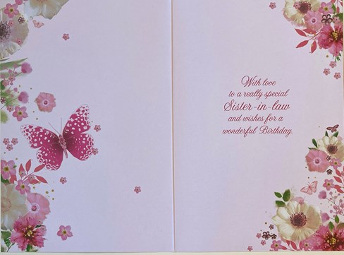 Sister-in-Law Birthday Card - Pink Butterflies Flowers with Gold Foil 7.75x5.25" Sister-in-Law Birthday Card - Pink Butterflies Flowers with Gold Foil 7.75x5.25"