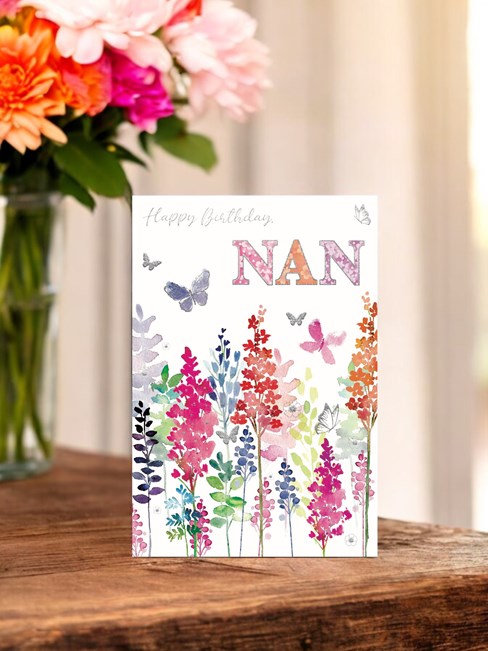 Nan Birthday Card - Pink Lilac Orange Flowers Butterfly Silver Foil 7.75x5.25" Nan Birthday Card - Pink Lilac Orange Flowers Butterfly Silver Foil 7.75x5.25"