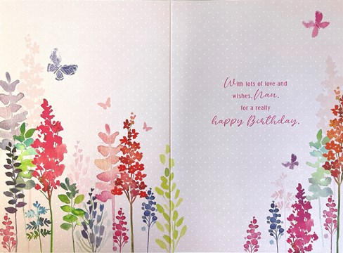 Nan Birthday Card - Pink Lilac Orange Flowers Butterfly Silver Foil 7.75x5.25" Nan Birthday Card - Pink Lilac Orange Flowers Butterfly Silver Foil 7.75x5.25"