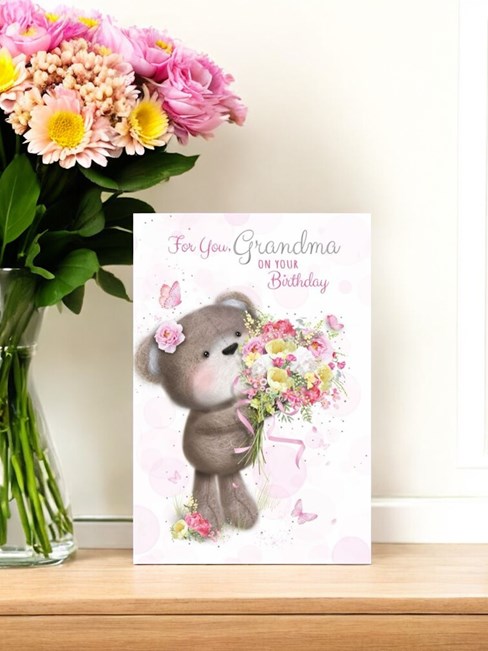 Grandma Birthday Card - Bear with Flowers Butterflies and Silver Foil 7.75x5.25" Grandma Birthday Card - Bear with Flowers Butterflies and Silver Foil 7.75x5.25"