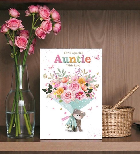 Auntie Birthday Card - Bear with Bouquet of Flowers Butterflies & Foil 7.75x5.25 Auntie Birthday Card - Bear with Bouquet of Flowers Butterflies & Foil 7.75x5.25