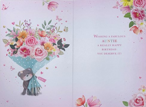 Auntie Birthday Card - Bear with Bouquet of Flowers Butterflies & Foil 7.75x5.25 Auntie Birthday Card - Bear with Bouquet of Flowers Butterflies & Foil 7.75x5.25
