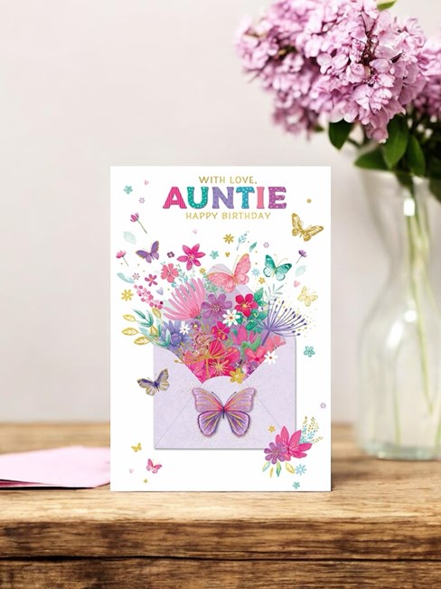 Auntie Birthday Card - Pink Lilac Green Butterflies Flowers Gold Foil 7.75x5.25" Auntie Birthday Card - Pink Lilac Green Butterflies Flowers Gold Foil 7.75x5.25"