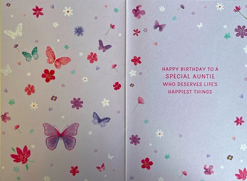 Auntie Birthday Card - Pink Lilac Green Butterflies Flowers Gold Foil 7.75x5.25" Auntie Birthday Card - Pink Lilac Green Butterflies Flowers Gold Foil 7.75x5.25"