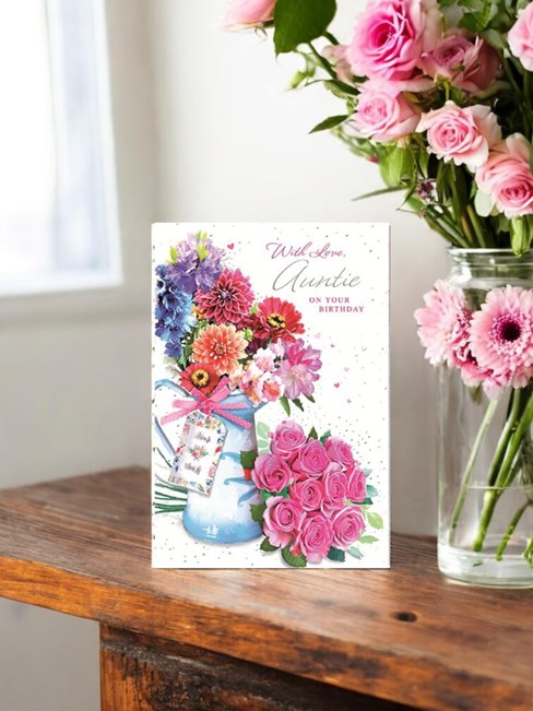 Auntie Birthday Card - Pink Roses and Flowers in Jug with Silver Foil 7.75x5.25" Auntie Birthday Card - Pink Roses and Flowers in Jug with Silver Foil 7.75x5.25"