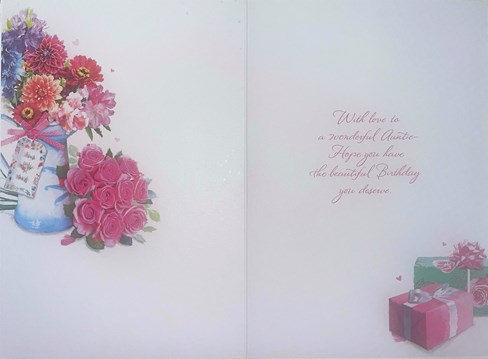 Auntie Birthday Card - Pink Roses and Flowers in Jug with Silver Foil 7.75x5.25" Auntie Birthday Card - Pink Roses and Flowers in Jug with Silver Foil 7.75x5.25"