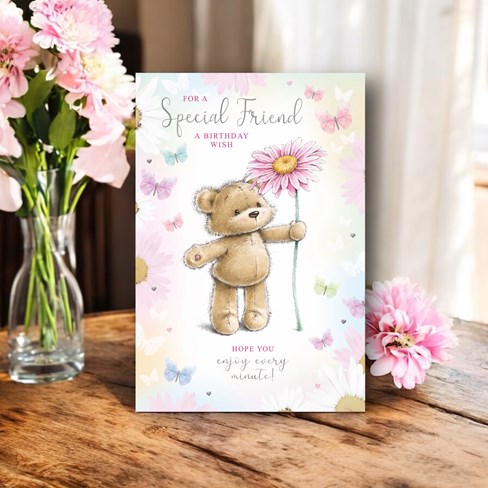 Special Friend Birthday Card - Bear Giant Flower Butterflies and Foil 7.75x5.25" Special Friend Birthday Card - Bear Giant Flower Butterflies and Foil 7.75x5.25"