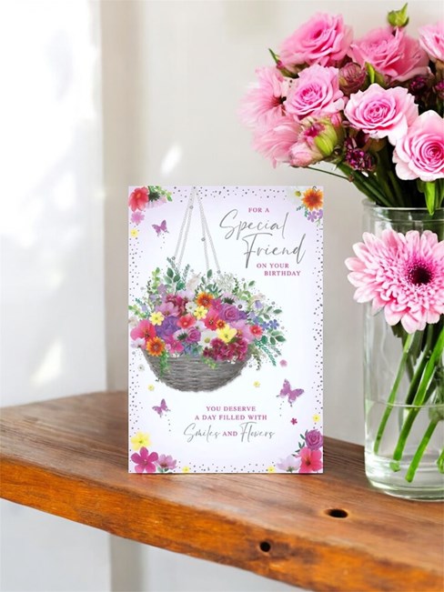 Special Friend Birthday Card - Floral Hanging Basket Butterflies Foil 7.75x5.25" Special Friend Birthday Card - Floral Hanging Basket Butterflies Foil 7.75x5.25"