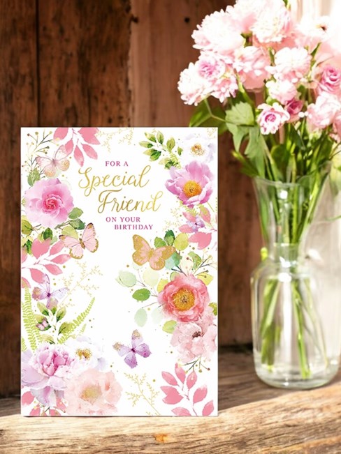Special Friend Birthday Card - Pink Roses Flowers Butterflies & Foil 7.75x5.25" Special Friend Birthday Card - Pink Roses Flowers Butterflies & Foil 7.75x5.25"