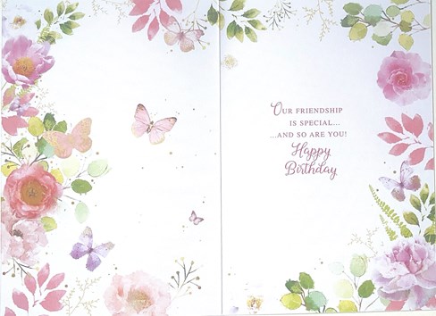 Special Friend Birthday Card - Pink Roses Flowers Butterflies & Foil 7.75x5.25" Special Friend Birthday Card - Pink Roses Flowers Butterflies & Foil 7.75x5.25"