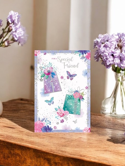 Special Friend Birthday Card - Lilac Green Gifts Butterflies & Flower 7.75x5.25" Special Friend Birthday Card - Lilac Green Gifts Butterflies & Flower 7.75x5.25"