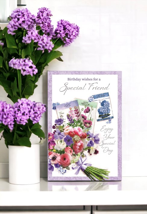 Special Friend Birthday Card - Pink White Lilac Flowers & Silver Foil 7.75x5.25" Special Friend Birthday Card - Pink White Lilac Flowers & Silver Foil 7.75x5.25"
