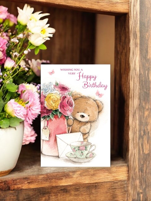 Open Female Birthday Card - Brown Bear Flowers in Jug and Tea Cup 7.75x5.25" Open Female Birthday Card - Brown Bear Flowers in Jug and Tea Cup 7.75x5.25"