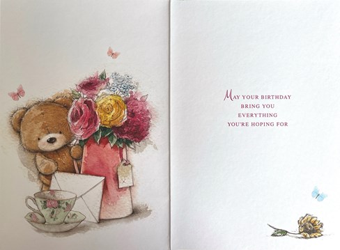 Open Female Birthday Card - Brown Bear Flowers in Jug and Tea Cup 7.75x5.25" Open Female Birthday Card - Brown Bear Flowers in Jug and Tea Cup 7.75x5.25"