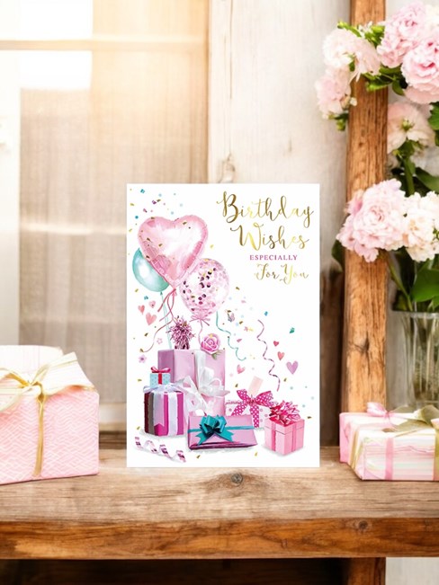 Open Female Birthday Card - Pink Lilac Presents and Balloons Gold Foil 7.5x5.25" Open Female Birthday Card - Pink Lilac Presents and Balloons Gold Foil 7.5x5.25"