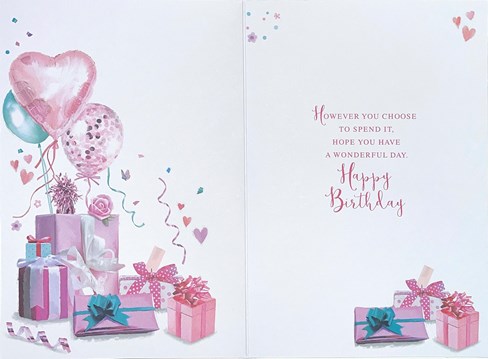 Open Female Birthday Card - Pink Lilac Presents and Balloons Gold Foil 7.5x5.25" Open Female Birthday Card - Pink Lilac Presents and Balloons Gold Foil 7.5x5.25"