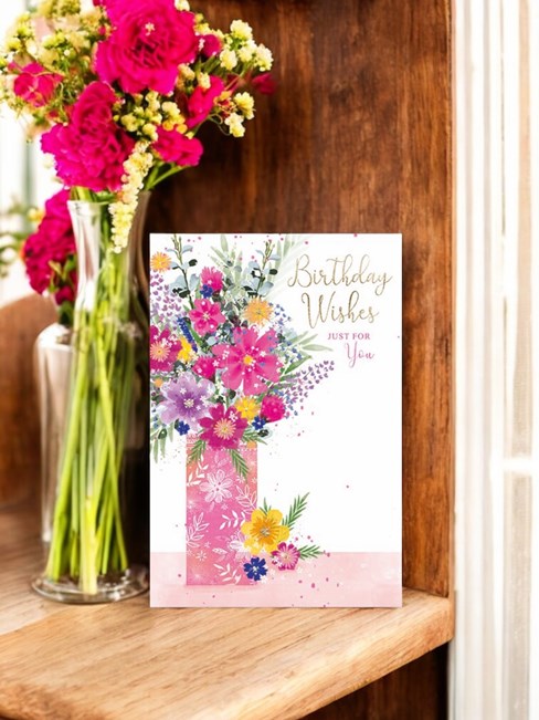 Open Female Birthday Card - Bright Flowers in Pink Vase with Gold Foil 7.75x5.25 Open Female Birthday Card - Bright Flowers in Pink Vase with Gold Foil 7.75x5.25
