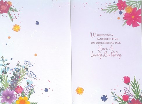 Open Female Birthday Card - Bright Flowers in Pink Vase with Gold Foil 7.75x5.25 Open Female Birthday Card - Bright Flowers in Pink Vase with Gold Foil 7.75x5.25