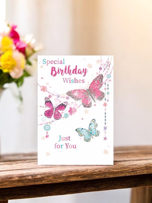 Open Female Birthday Card - Pink and Blue Butterflies and Flowers 7.75x5.25" Open Female Birthday Card - Pink and Blue Butterflies and Flowers 7.75x5.25"