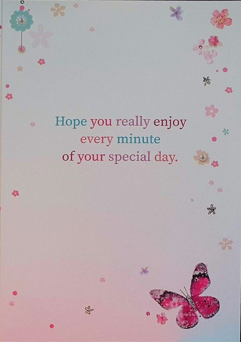 Open Female Birthday Card - Pink and Blue Butterflies and Flowers 7.75x5.25" Open Female Birthday Card - Pink and Blue Butterflies and Flowers 7.75x5.25"