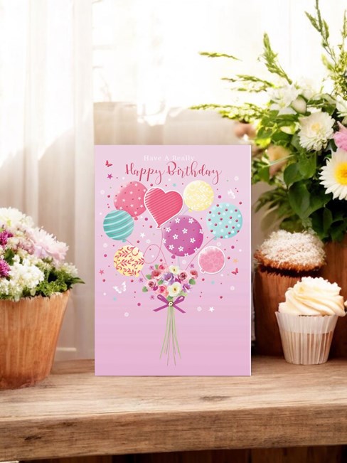 Open Female Birthday Card - Bouquet of Flowers & Balloons with Foil 7.75x5.25" Open Female Birthday Card - Bouquet of Flowers & Balloons with Foil 7.75x5.25"