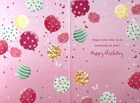 Open Female Birthday Card - Bouquet of Flowers & Balloons with Foil 7.75x5.25" Open Female Birthday Card - Bouquet of Flowers & Balloons with Foil 7.75x5.25"