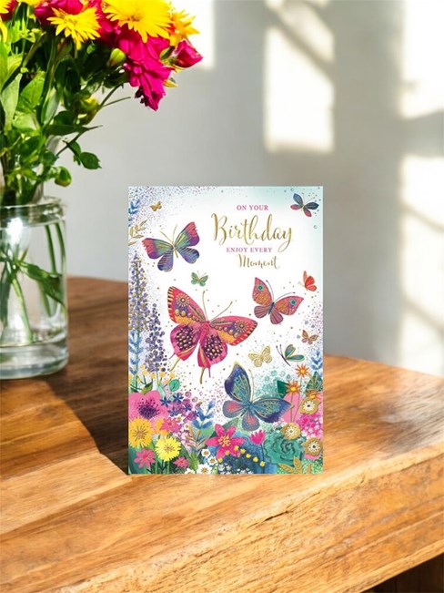 Open Female Birthday Card -Multicoloured Butterflies Flowers Gold Foil 7.75x5.25 Open Female Birthday Card -Multicoloured Butterflies Flowers Gold Foil 7.75x5.25