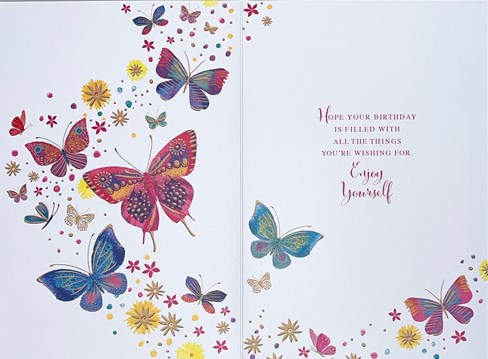 Open Female Birthday Card -Multicoloured Butterflies Flowers Gold Foil 7.75x5.25 Open Female Birthday Card -Multicoloured Butterflies Flowers Gold Foil 7.75x5.25
