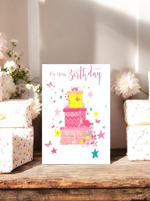 Open Female Birthday Card - Stacked Presents Butterflies Stars Glitter 7.75x5.25 Open Female Birthday Card - Stacked Presents Butterflies Stars Glitter 7.75x5.25