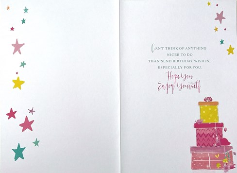 Open Female Birthday Card - Stacked Presents Butterflies Stars Glitter 7.75x5.25 Open Female Birthday Card - Stacked Presents Butterflies Stars Glitter 7.75x5.25