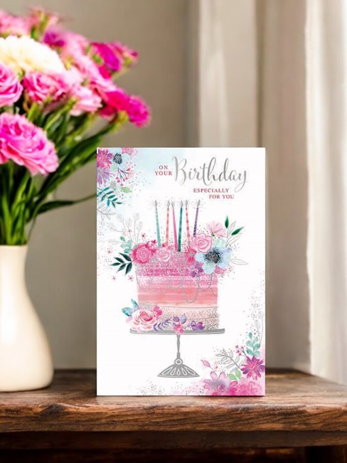 Open Female Birthday Card - Floral BIrthday Cake with Silver Foil 7.75x5.25" Open Female Birthday Card - Floral BIrthday Cake with Silver Foil 7.75x5.25"