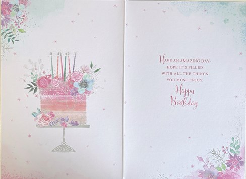 Open Female Birthday Card - Floral BIrthday Cake with Silver Foil 7.75x5.25" Open Female Birthday Card - Floral BIrthday Cake with Silver Foil 7.75x5.25"