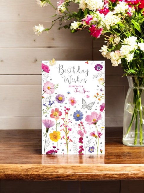 Open Female Birthday Card - Wild Flowers and Butterflies Silver Foil 7.7x5.25 Open Female Birthday Card - Wild Flowers and Butterflies Silver Foil 7.7x5.25