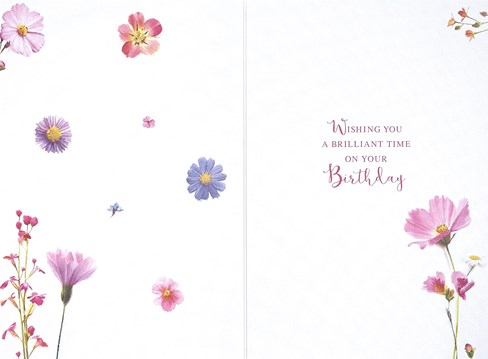 Open Female Birthday Card - Wild Flowers and Butterflies Silver Foil 7.7x5.25 Open Female Birthday Card - Wild Flowers and Butterflies Silver Foil 7.7x5.25